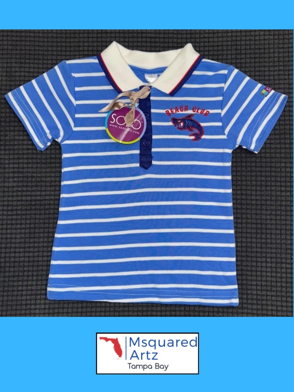 SoZo Boys Polo Shirt 18 Months Blue Striped Shark Beach Club Cotton NWT Toddler
